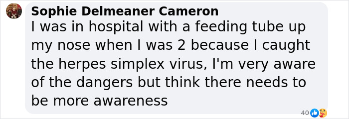 Social media comment about herpes virus awareness and personal experience with illness. Social media comment about herpes virus awareness and personal experience with illness.