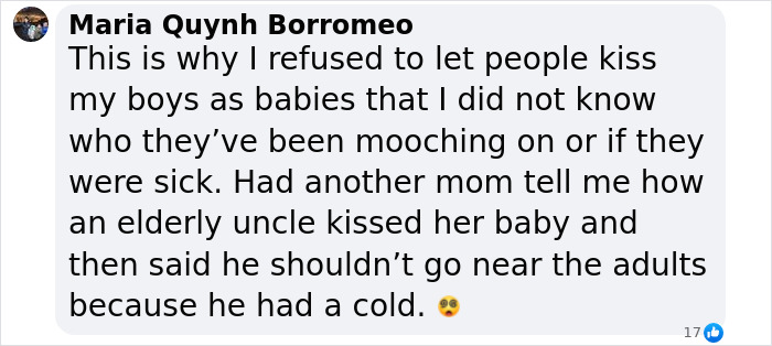 User comment expressing concern about kissing babies due to herpes risk. User comment expressing concern about kissing babies due to herpes risk.
