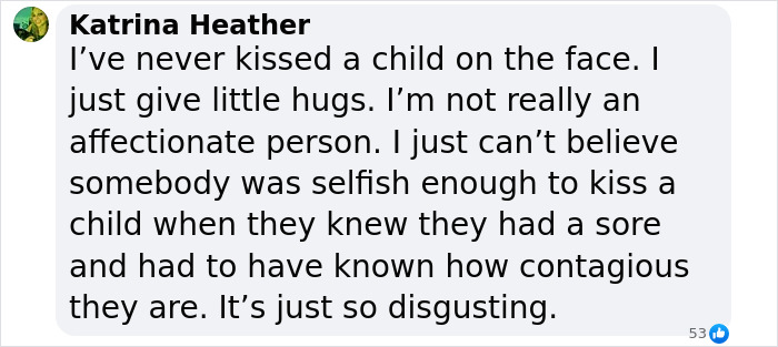Text message expressing concern about kissing a child with herpes risk. Text message expressing concern about kissing a child with herpes risk.