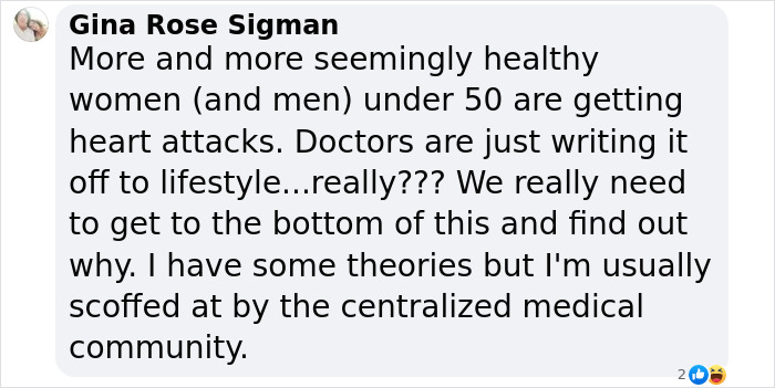 Text from Gina Rose Sigman about heart attack risks in people under 50, questioning lifestyle causes. Text from Gina Rose Sigman about heart attack risks in people under 50, questioning lifestyle causes.