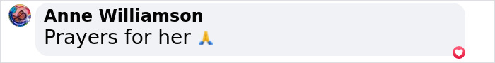 Comment by Anne Williamson, saying 'Prayers for her' with a prayer emoji, relating to heart attack awareness. Comment by Anne Williamson, saying 'Prayers for her' with a prayer emoji, relating to heart attack awareness.
