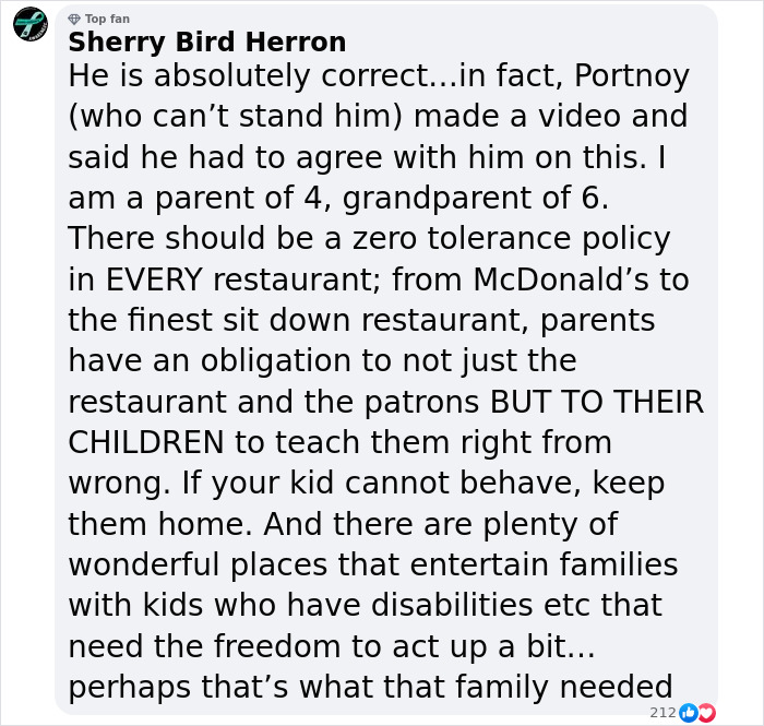 Facebook comment discussing zero tolerance for unruly kids at pizza places. Facebook comment discussing zero tolerance for unruly kids at pizza places.