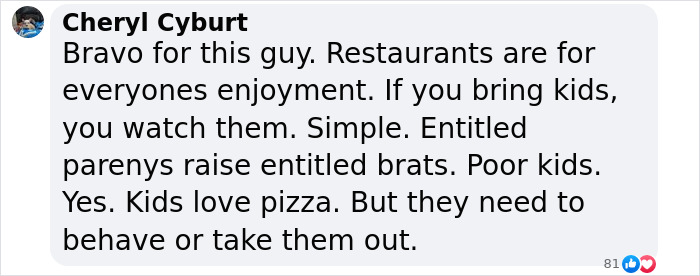 Text exchange discussing unruly kids in pizza places and the need for parental supervision. Text exchange discussing unruly kids in pizza places and the need for parental supervision.