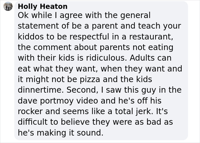 Text from Holly Heaton discussing parenting and restaurant behavior. Text from Holly Heaton discussing parenting and restaurant behavior.