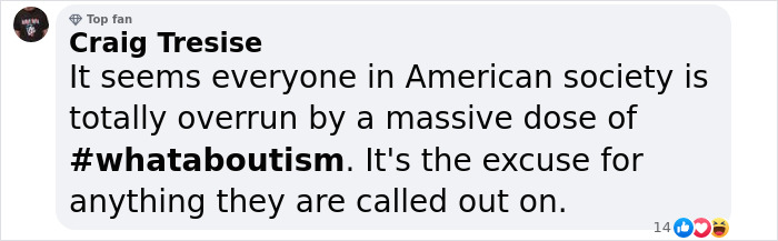 Social media comment discussing American society and the prevalence of #whataboutism. Social media comment discussing American society and the prevalence of #whataboutism.