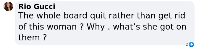 Text bubble with user Rio Gucci discussing board resignation linked to accusations of bullying and harassment. Text bubble with user Rio Gucci discussing board resignation linked to accusations of bullying and harassment.