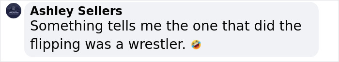 Comment about prom dress heist, suggesting the flipper was a wrestler, with a laughing emoji. Comment about prom dress heist, suggesting the flipper was a wrestler, with a laughing emoji.