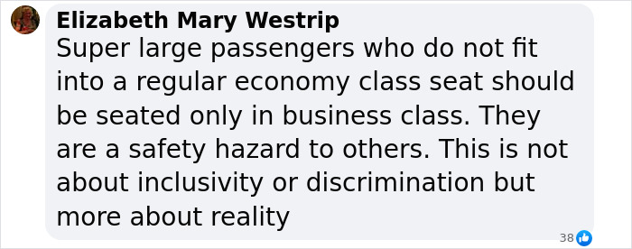 Comment about plus-size passengers and seating in economy class. Comment about plus-size passengers and seating in economy class.