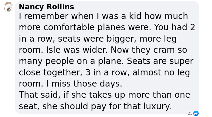Comment criticizing plus-size woman for not paying extra for plane seat. Comment criticizing plus-size woman for not paying extra for plane seat.