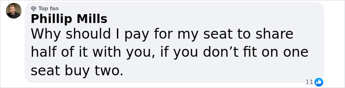 Comment criticizing plus-size airline seating and payment. Comment criticizing plus-size airline seating and payment.