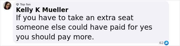 Comment discussing plus-size women and extra flight costs. Comment discussing plus-size women and extra flight costs.