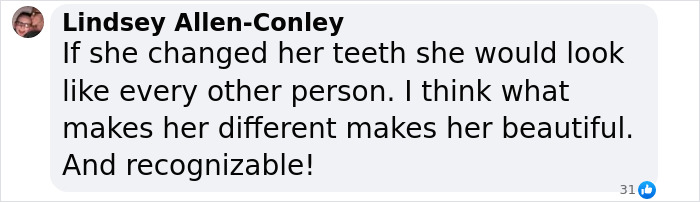 Comment defending Aimee Lou Wood's teeth, highlighting her unique beauty and individuality. Comment defending Aimee Lou Wood's teeth, highlighting her unique beauty and individuality.