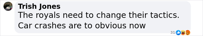 Comment accusing royals, suggesting car crashes as a tactic. Comment accusing royals, suggesting car crashes as a tactic.