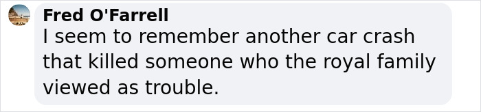 Text message about a car crash and the royal family, referring to a suspicious incident. Text message about a car crash and the royal family, referring to a suspicious incident.