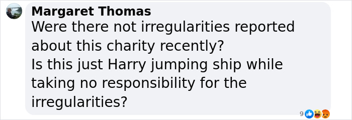 Comment questioning Prince Harry's departure from charity amid bullying accusations. Comment questioning Prince Harry's departure from charity amid bullying accusations.