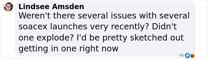 Comment questioning recent SpaceX launch issues, expressing concerns about safety. Comment questioning recent SpaceX launch issues, expressing concerns about safety.