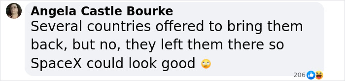 Comment discussing SpaceX's role in returning NASA astronauts from the ISS, with a sarcastic tone. Comment discussing SpaceX's role in returning NASA astronauts from the ISS, with a sarcastic tone.