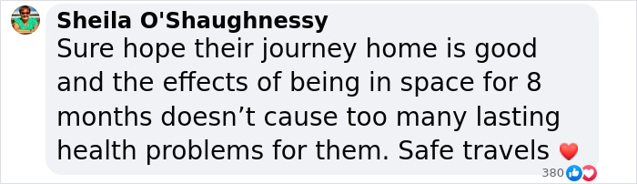 Comment expressing hope for a safe return of astronauts from ISS after 8 months in space. Comment expressing hope for a safe return of astronauts from ISS after 8 months in space.