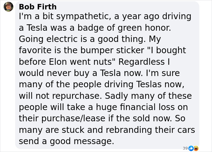 Comment discussing Tesla owners changing logos to avoid vandalism amid controversy. Comment discussing Tesla owners changing logos to avoid vandalism amid controversy.