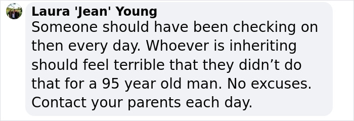 Comment discussing parental care and inheritance related to a 95-year-old man, highlighting the importance of daily contact. Comment discussing parental care and inheritance related to a 95-year-old man, highlighting the importance of daily contact.