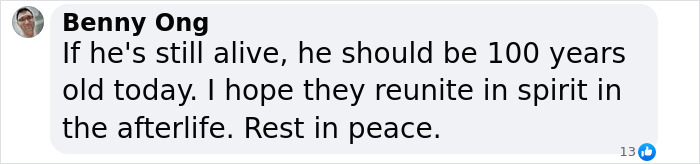 Comment by Benny Ong expressing hope for a 100-year-old reunion in spirit, reflecting on a woman's 103-year life. Comment by Benny Ong expressing hope for a 100-year-old reunion in spirit, reflecting on a woman's 103-year life.