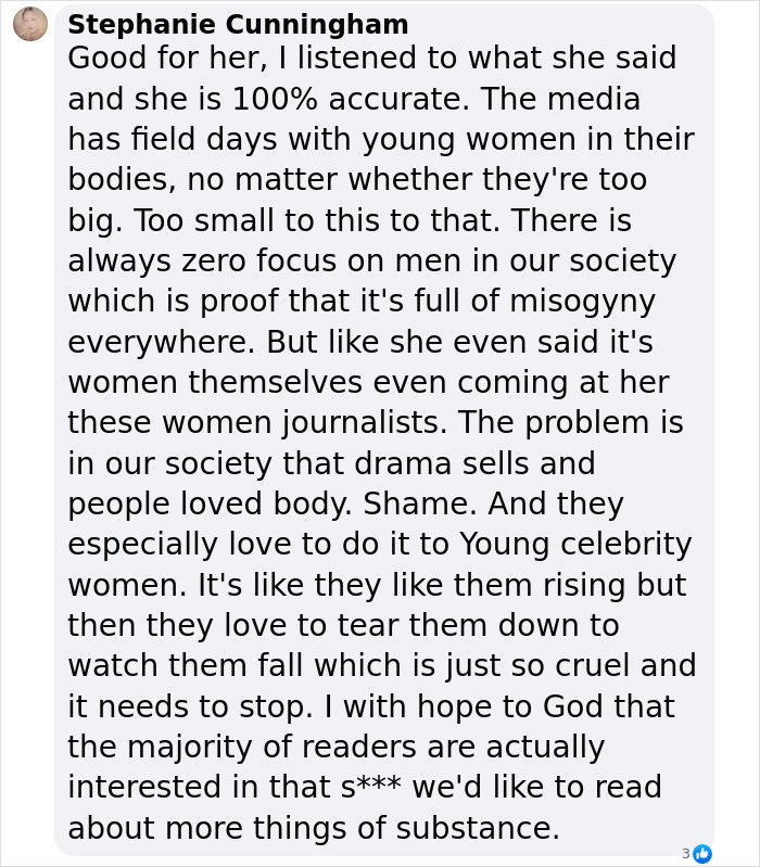 Comment discussing Millie Bobby Brown's stance on bullying of young women's looks in society. Comment discussing Millie Bobby Brown's stance on bullying of young women's looks in society.