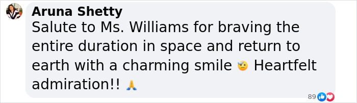 Comment praising astronaut's resilience after 9 months in space, showing admiration and a smiling emoji. Comment praising astronaut's resilience after 9 months in space, showing admiration and a smiling emoji.