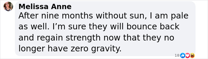 Melissa Anne comments on astronauts' recovery after nine months in space, mentioning pale skin and zero gravity effects. Melissa Anne comments on astronauts' recovery after nine months in space, mentioning pale skin and zero gravity effects.