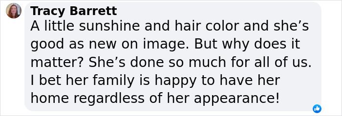 Social media comment discussing effects of being in space for 9 months; mentions sunshine and hair color. Social media comment discussing effects of being in space for 9 months; mentions sunshine and hair color.