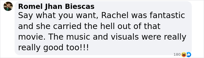 Screenshot of a glowing review about 'Snow White,' praising Rachel's performance and the film's music and visuals. Screenshot of a glowing review about 'Snow White,' praising Rachel's performance and the film's music and visuals.