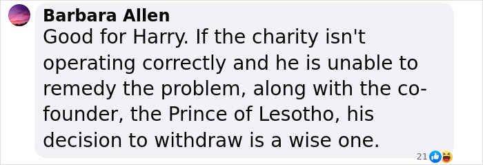 Comment supporting Prince Harry's decision to quit charity amid accusations. Comment supporting Prince Harry's decision to quit charity amid accusations.