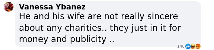 Social media comment criticizing involvement in charity amid bullying and harassment accusations. Social media comment criticizing involvement in charity amid bullying and harassment accusations.