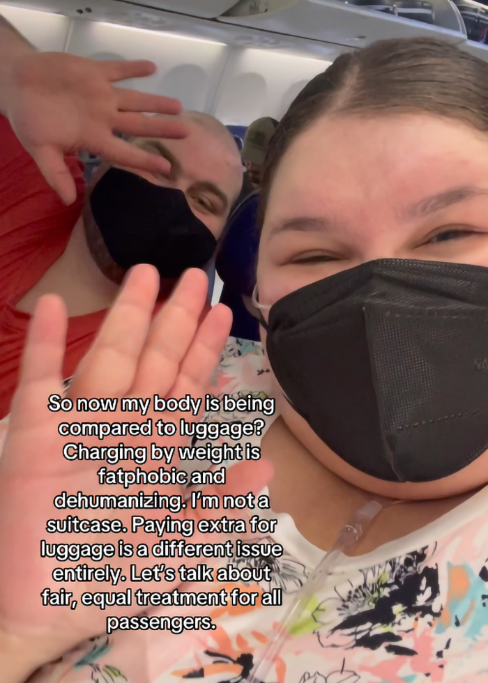 Plus-size woman on a plane responding to trolls about paying extra to fly, promoting equal treatment for all passengers. Plus-size woman on a plane responding to trolls about paying extra to fly, promoting equal treatment for all passengers.