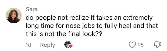 Comment defends rhinoplasty results, highlighting healing time, with a profile image, heart icon, and engagement count. Comment defends rhinoplasty results, highlighting healing time, with a profile image, heart icon, and engagement count.