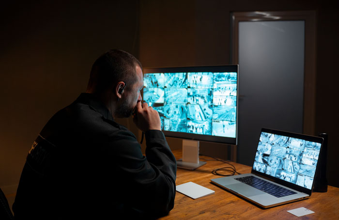 Security guard monitoring surveillance screens, focused in a dimly lit room, reflecting on pregnant-wife-childcare concerns. Security guard monitoring surveillance screens, focused in a dimly lit room, reflecting on pregnant-wife-childcare concerns.