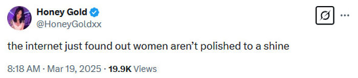 Tweet by Honey Gold commenting on women and appearance, addressing back hair issues with humor. Tweet by Honey Gold commenting on women and appearance, addressing back hair issues with humor.