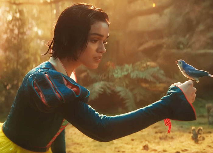 Snow White character in a forest setting interacting with a bluebird. Snow White character in a forest setting interacting with a bluebird.