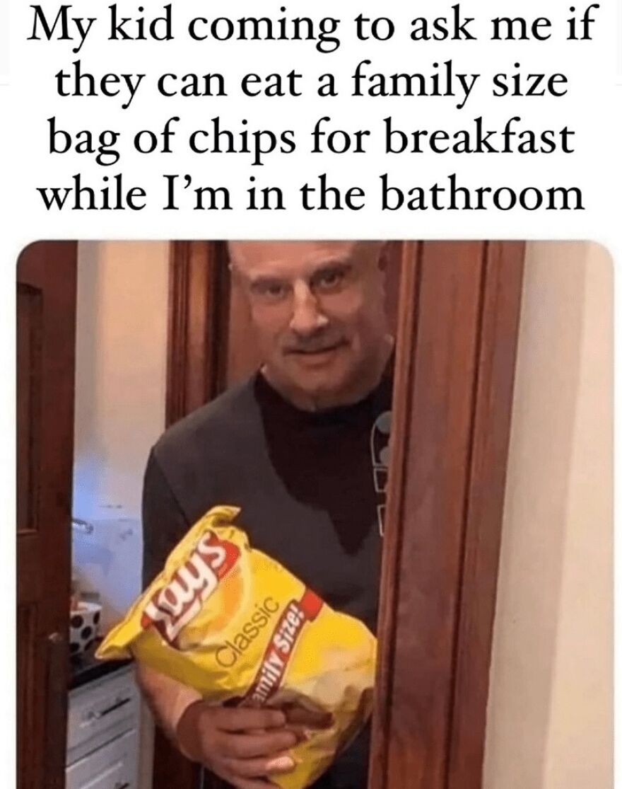 Man holding family-size chips, peeking through door with humorous meme text above.