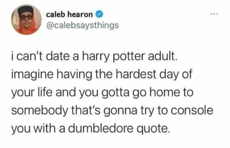 Funny meme about dating a Harry Potter fan who quotes Dumbledore for comfort.
