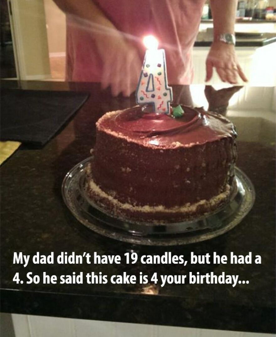 A funny cake with a number 4 candle for a 19th birthday, showing a humorous meme moment.