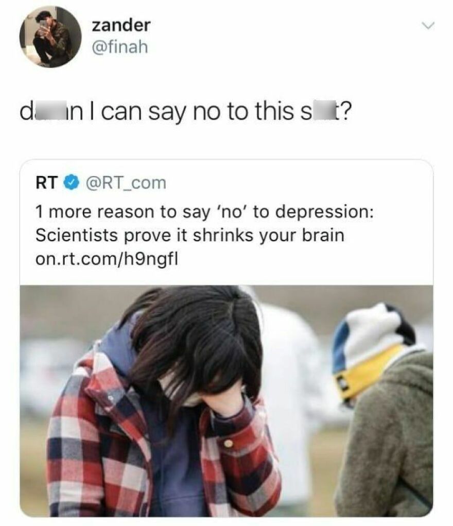 Funny meme with text about saying no to depression, featuring a person in plaid covering their face.