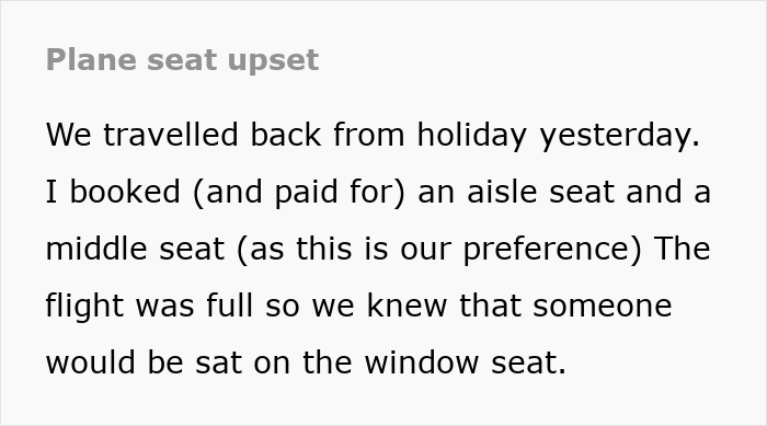 Text discussing decision not to switch plane seats with overweight traveler. Text discussing decision not to switch plane seats with overweight traveler.
