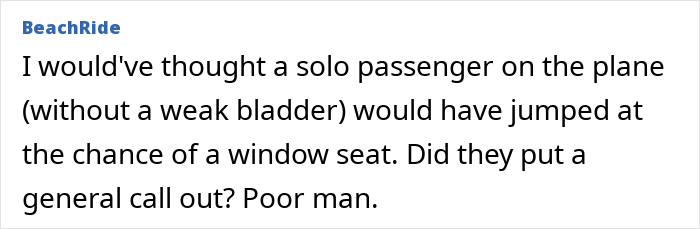 Text comment about a solo passenger refusing to switch seats with an overweight traveler on a plane. Text comment about a solo passenger refusing to switch seats with an overweight traveler on a plane.