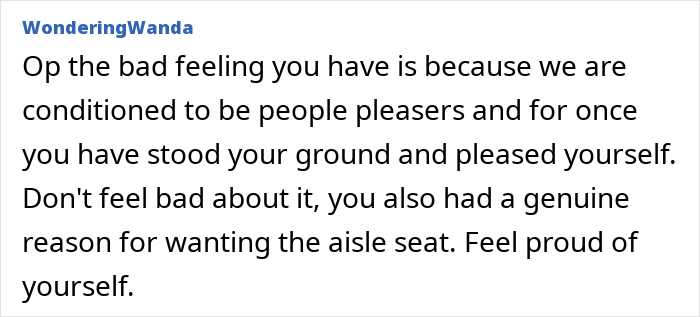 Text from a user advising someone to feel proud for retaining their seat despite discomfort. Text from a user advising someone to feel proud for retaining their seat despite discomfort.