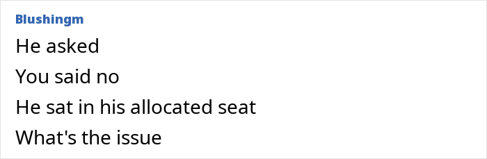 Text on a social media post questioning the refusal to switch seats with an overweight traveler. Text on a social media post questioning the refusal to switch seats with an overweight traveler.