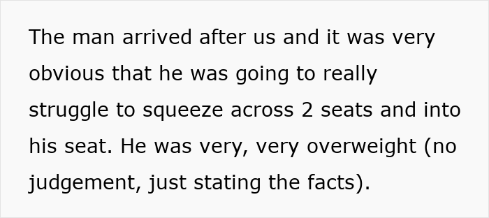 Text discussing a situation involving an overweight passenger struggling with seating. Text discussing a situation involving an overweight passenger struggling with seating.