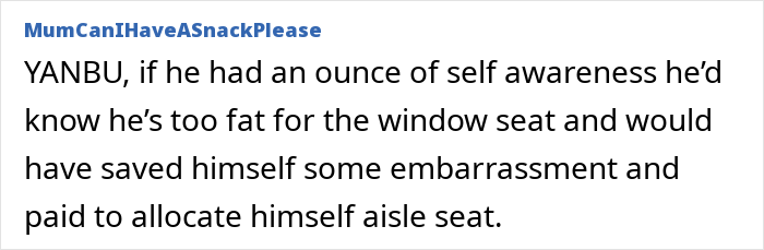 Text from a forum discussing the issue of switching seats with an overweight traveler. Text from a forum discussing the issue of switching seats with an overweight traveler.