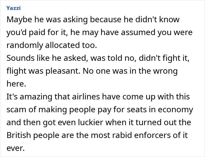 Online comment discussing passenger seating and airline policies. Online comment discussing passenger seating and airline policies.