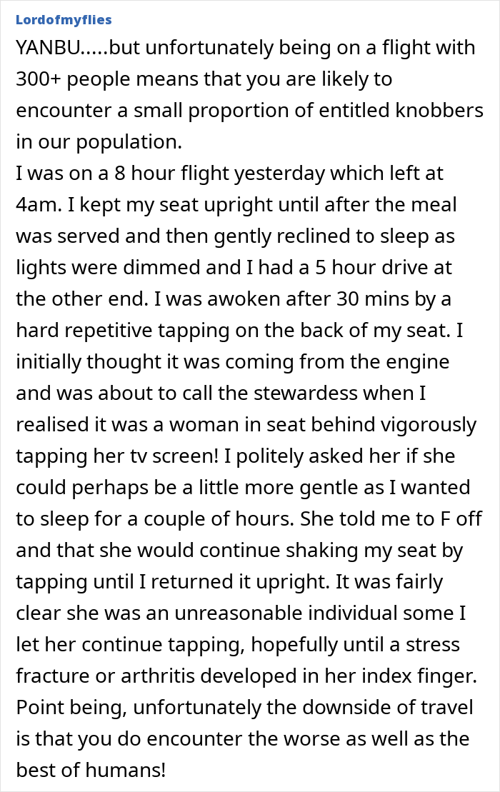 Text detailing an in-flight experience with a passenger rejecting a seat switch due to another passenger's screen tapping. Text detailing an in-flight experience with a passenger rejecting a seat switch due to another passenger's screen tapping.