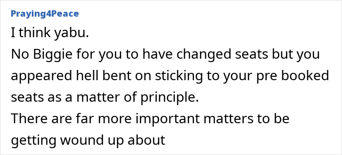Text commentary on refusing to switch airplane seats with an overweight traveler. Text commentary on refusing to switch airplane seats with an overweight traveler.